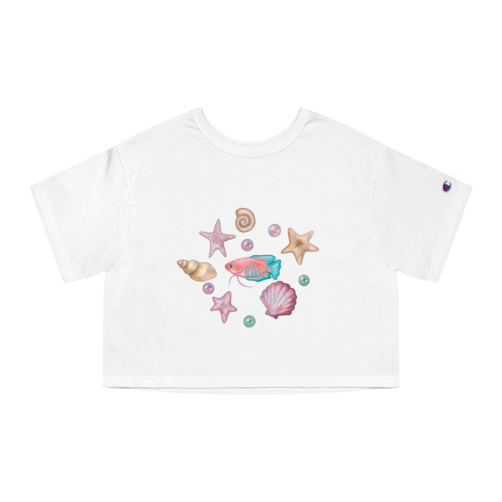 Pastel Ocean Painterly Cropped T-Shirt — Pearls, Fish & Seashells