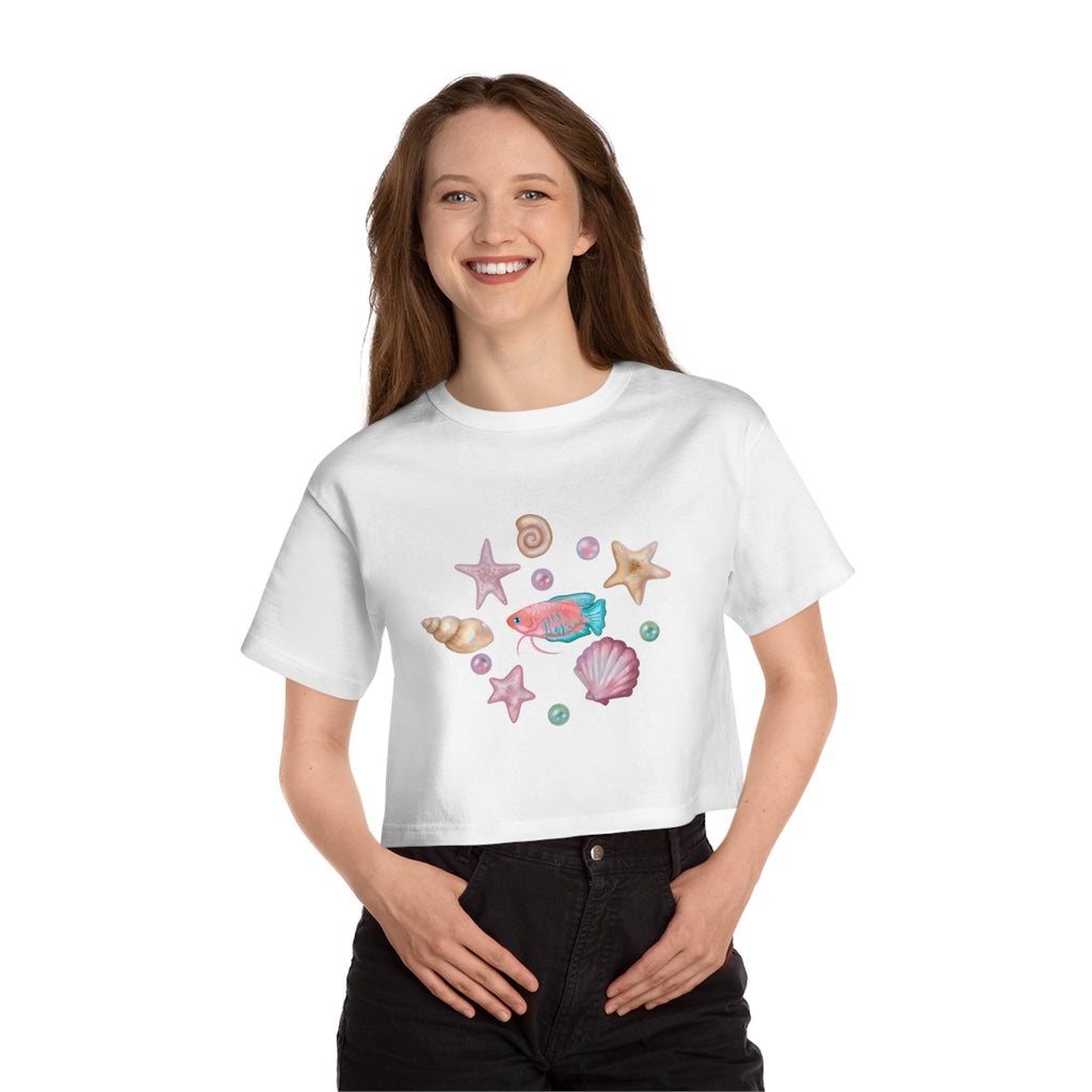 Pastel Ocean Painterly Cropped T-Shirt — Pearls, Fish & Seashells