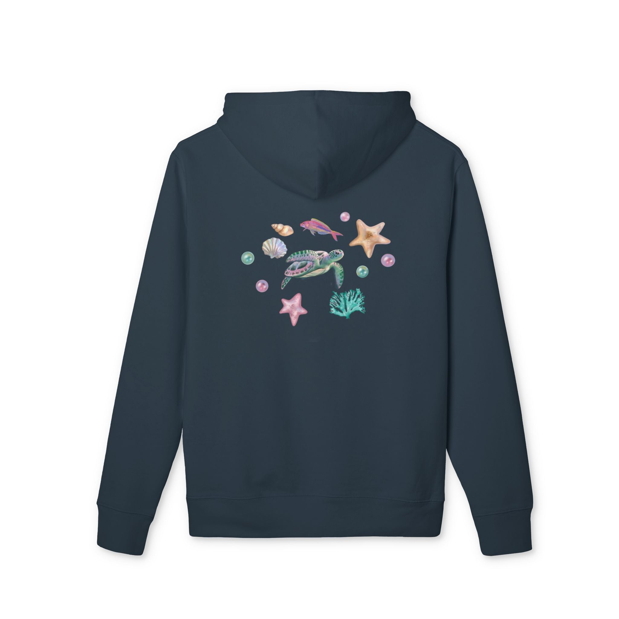 Organic Cotton Pastel Ocean Painterly Hoodie—Pearls, Fish, Sea Stars & Sea Turtle