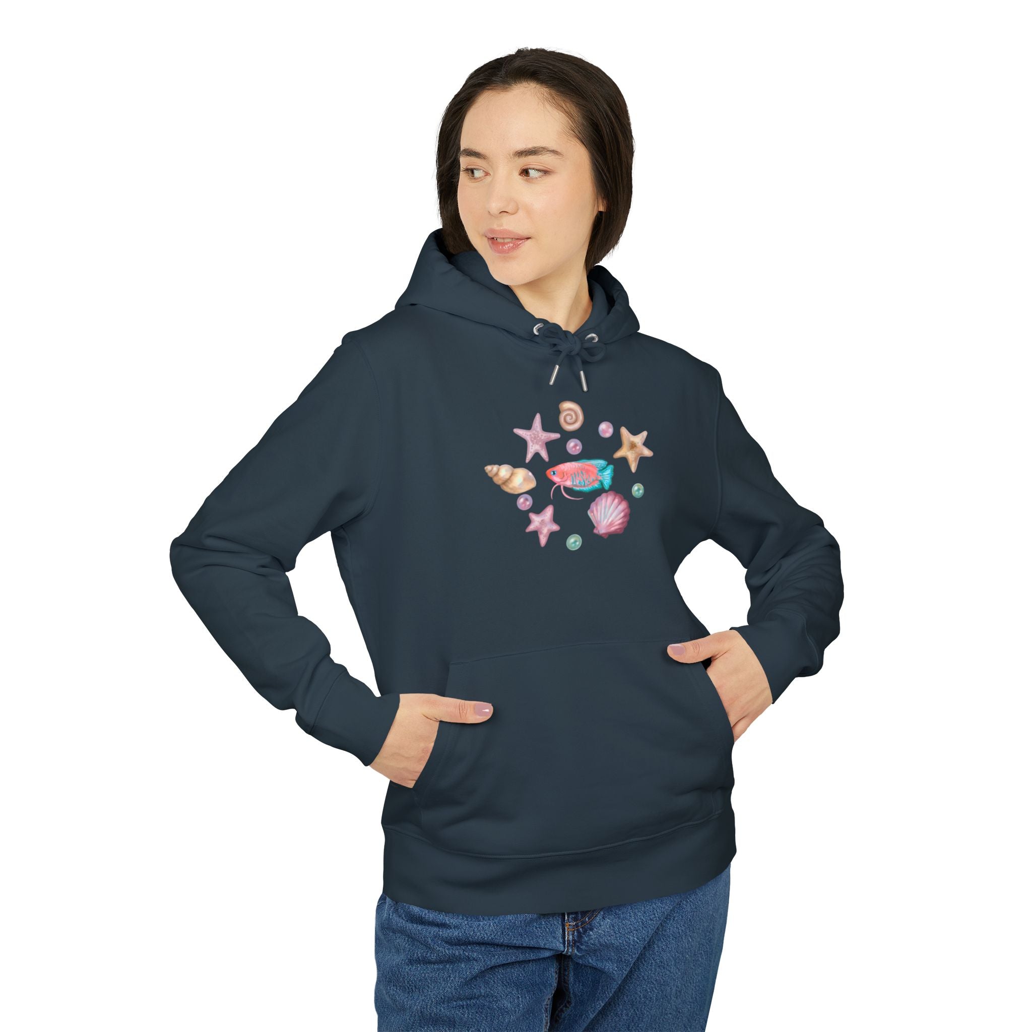 Organic Cotton Pastel Ocean Painterly Hoodie—Pearls, Fish, Sea Stars & Sea Turtle