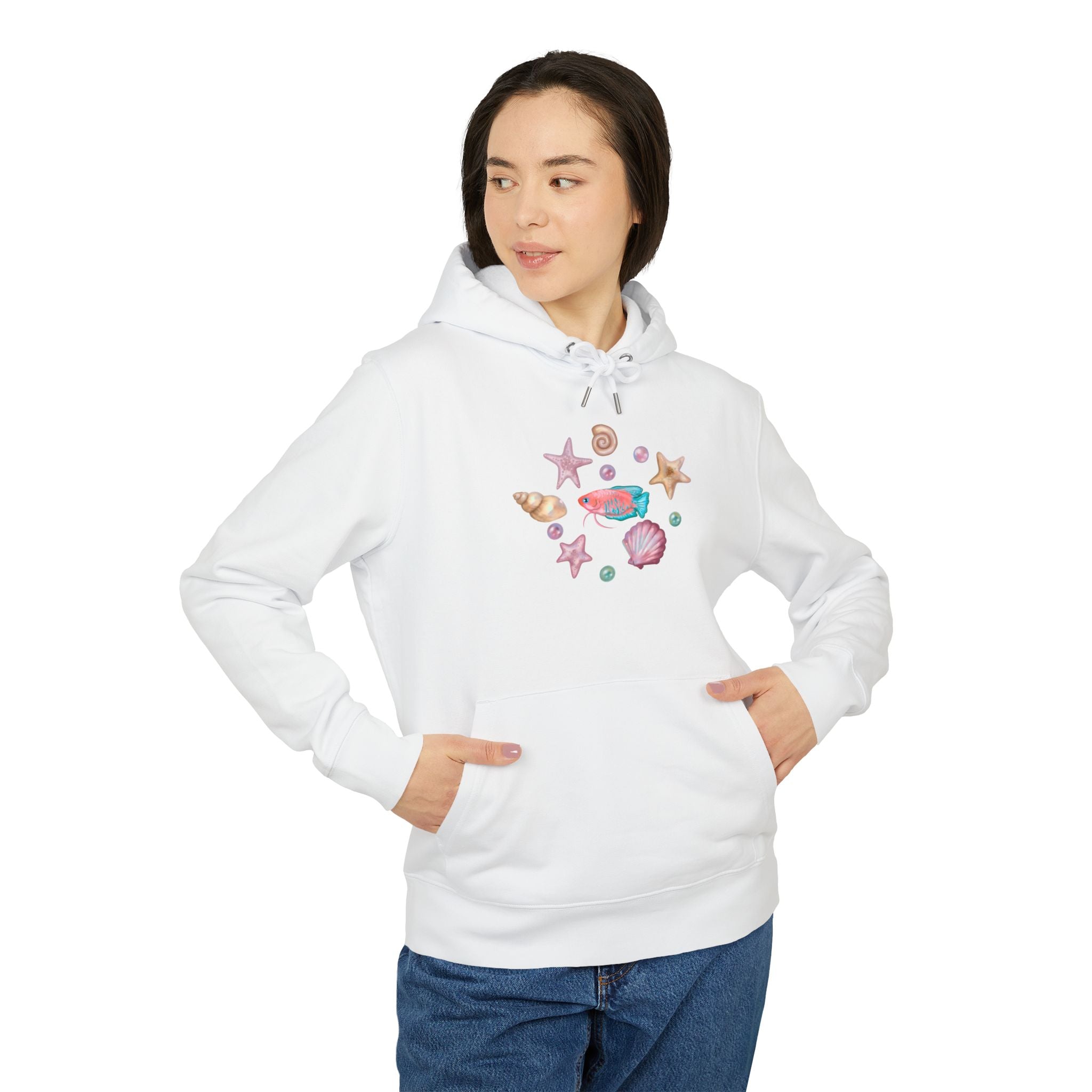 Organic Cotton Pastel Ocean Painterly Hoodie—Pearls, Fish, Sea Stars & Sea Turtle