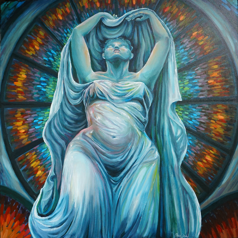 A vibrant acrylic painting of a serene, statuesque, goddess-like figure draped in flowing fabric with detailed folds, lifting the cloth above her head. Her body is softly illuminated in cool blue tones, with a rounded belly at the center. Behind her, a radiant circular backdrop of multicolored, stained-glass-like light creates a halo effect. The composition blends classical, sculpture-inspired form with expressive modern color, evoking themes of femininity, strength, and rebirth.