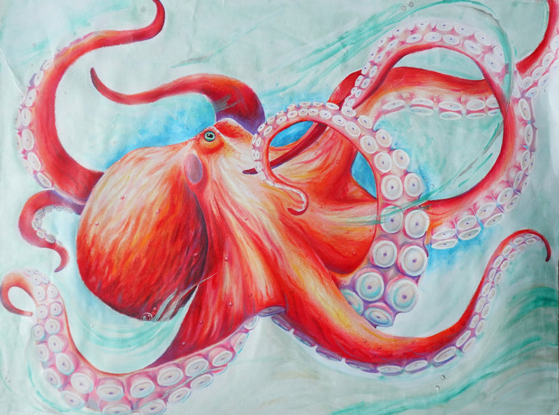 Bright red giant Pacific octopus with twisting, curling arms and detailed suckers. Rough textured skin with orange highlights set against a soft light blue watercolor background.