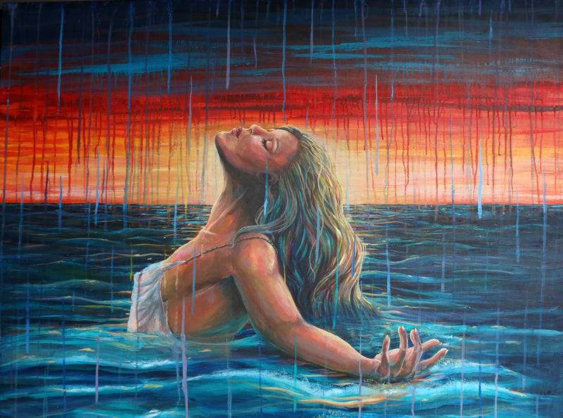 A painting depicting a woman standing in waist deep water with arms outstretched, head help back with a calm  relieved expression. In the background a bright sunset and multicolored rain drops falling down add to the emotional mood. 
