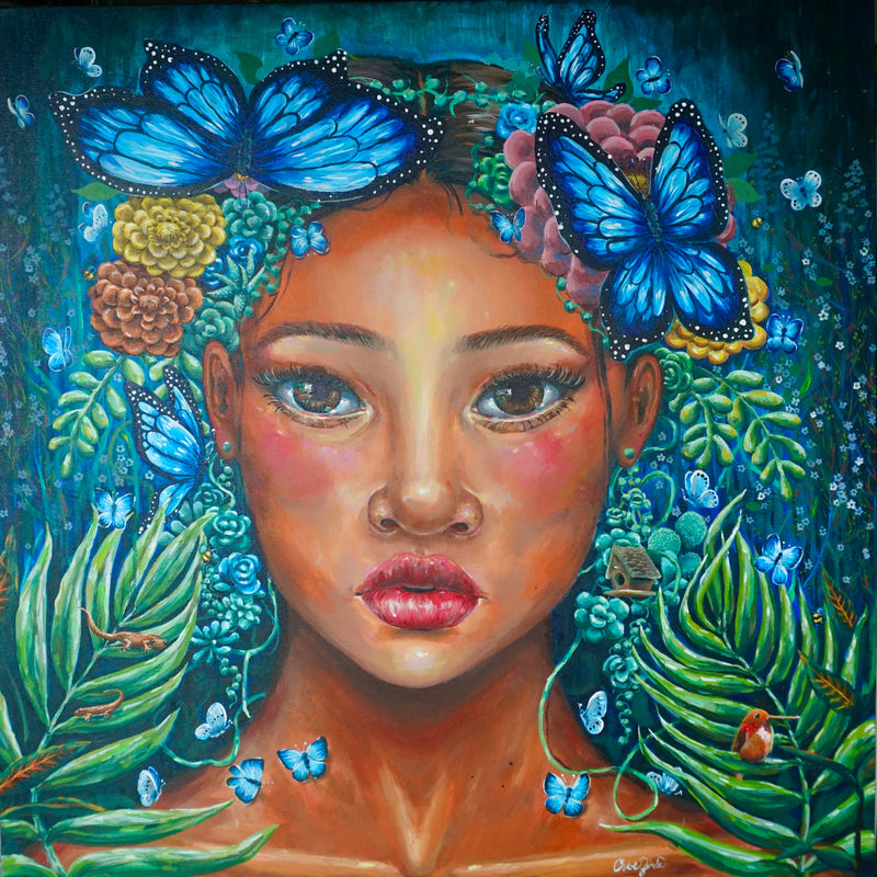 Artistic depiction of a woman's face surrounded by butterflies, flowers, and foliage. The background is dark blue fading to black.